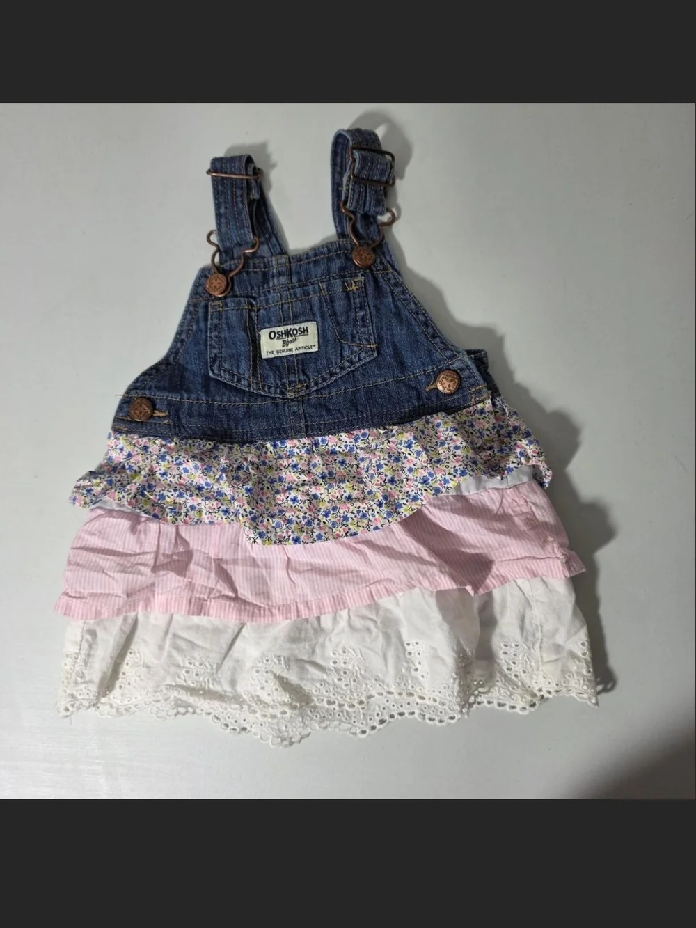 OshKosh B'gosh Denim Overall Dress with Blue Floral, Pink and White Tiers